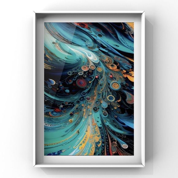 Modern turquoise color with orange touch wavy abstract wall art print - Picture 2 of 4